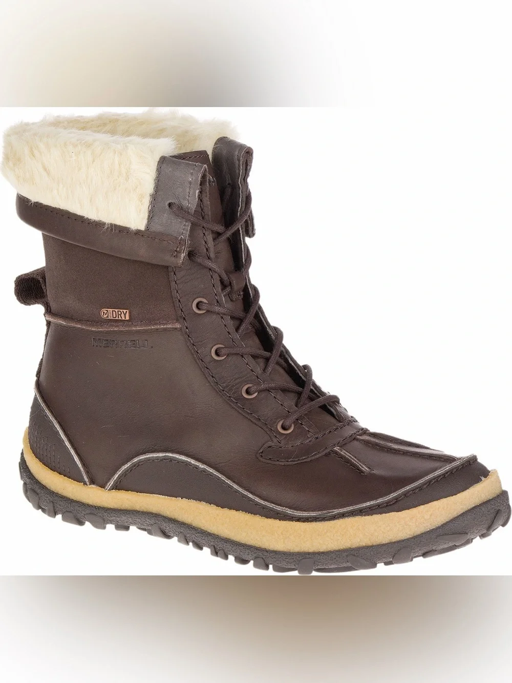 Merrell Brown Lace-Up Waterproof Winter Boot with Cream Faux-Fur Collar